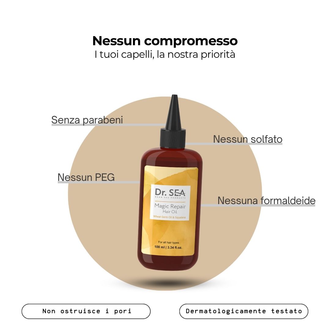 Flacone di olio per capelli, riquadro di testo con ingredienti: Senza parabeni, solfati, PEG, formaldeide. Dermatologicamente testato.