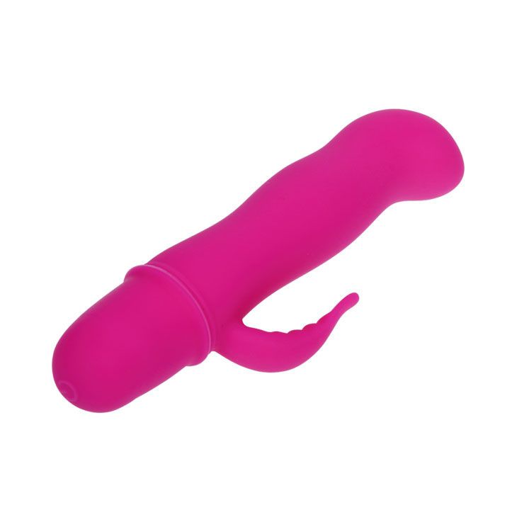 Pinkfarbener Vibrator mit gebogener Form und einem hervorstehenden Element. Auf weißem Hintergrund.