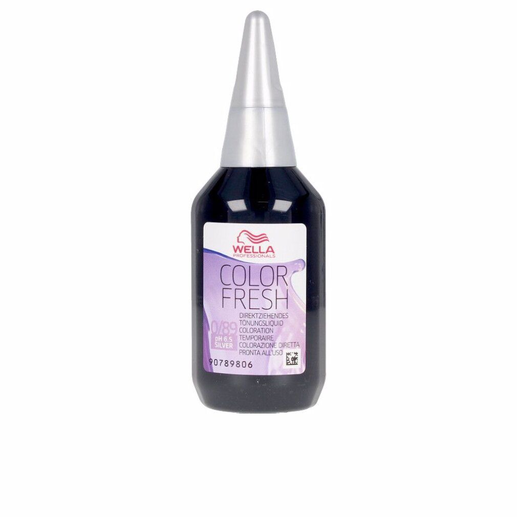Dunkle Flasche mit silberner Spitze. Etikett mit Wella Color Fresh, 0/89, und Produktbezeichnung. Auf weißem Hintergrund.