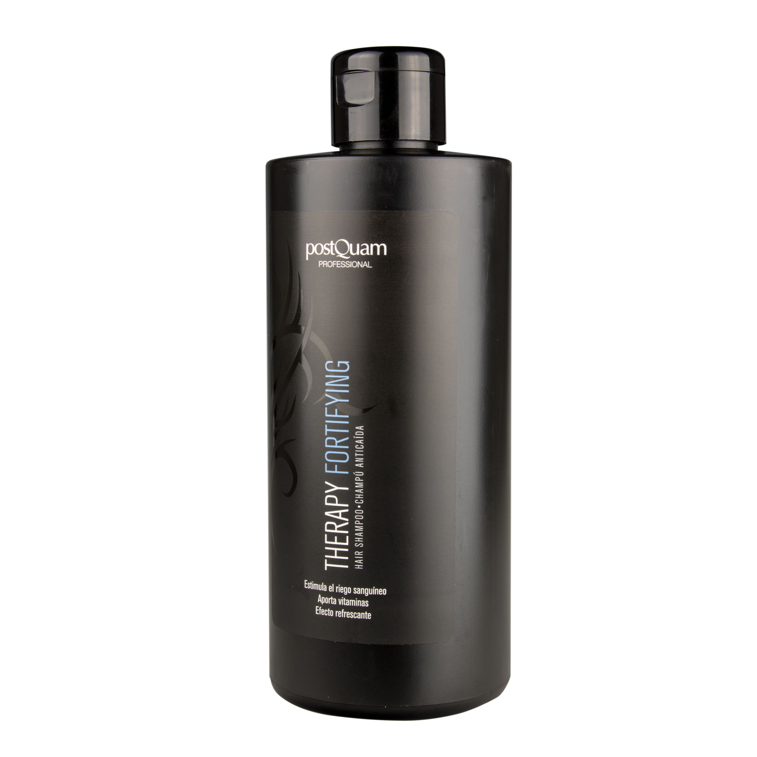 Schwarze Shampoo-Flasche mit "Postquam Professional" und "Therapy Fortifying" Schriftzug.