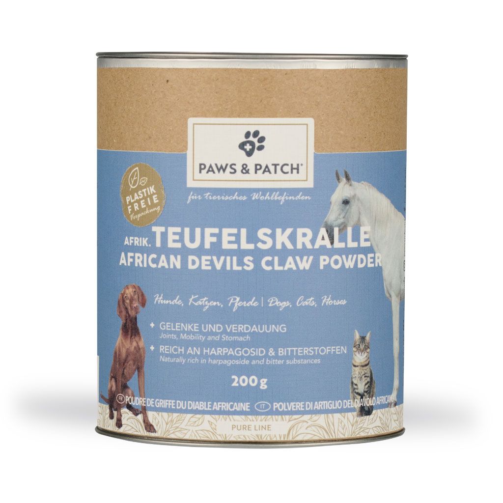 Zylindrische Dose mit PAWS&PATCH Teufelskralle Pulver. Blaue Aufschrift, Abbildung von Hund, Katze und Pferd. 200g.