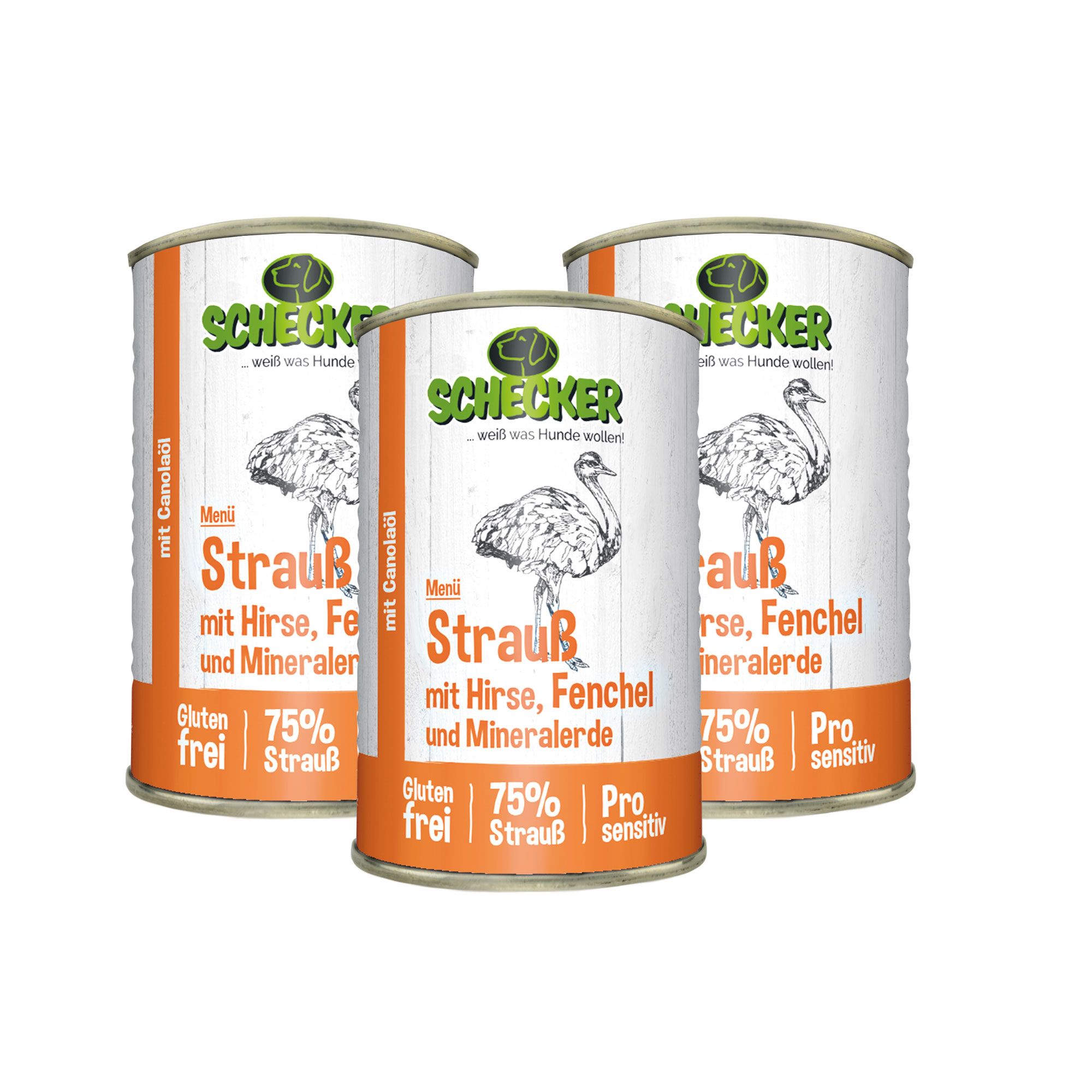 Drei Hundefutterdosen mit Strauß-Menü. Text: Glutenfrei, 75% Strauß, mit Hirse, Fenchel und Mineralerde. Logo: Schecker.