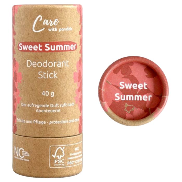 Zylindrische Pappverpackung mit Aufschrift "Sweet Summer Deodorant Stick". Daneben ein Deckel mit gleichem Aufdruck.