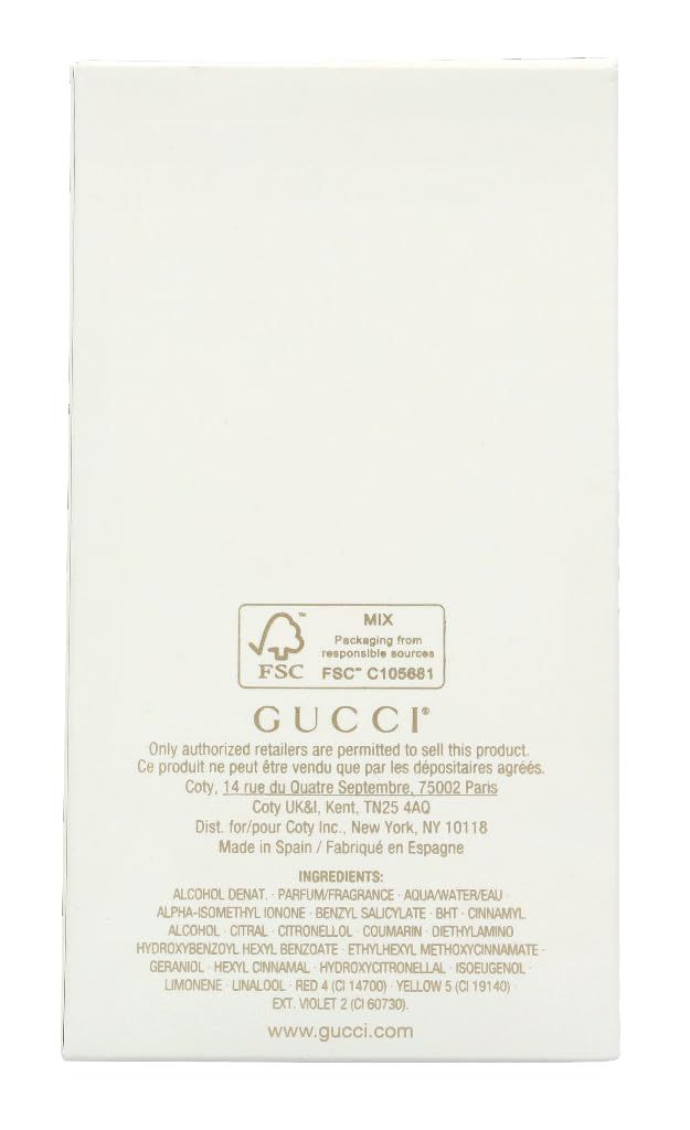 Weiße Verpackung mit Text und Logos. FSC-Logo. Text: Gucci, Inhaltsstoffe, www.gucci.com.