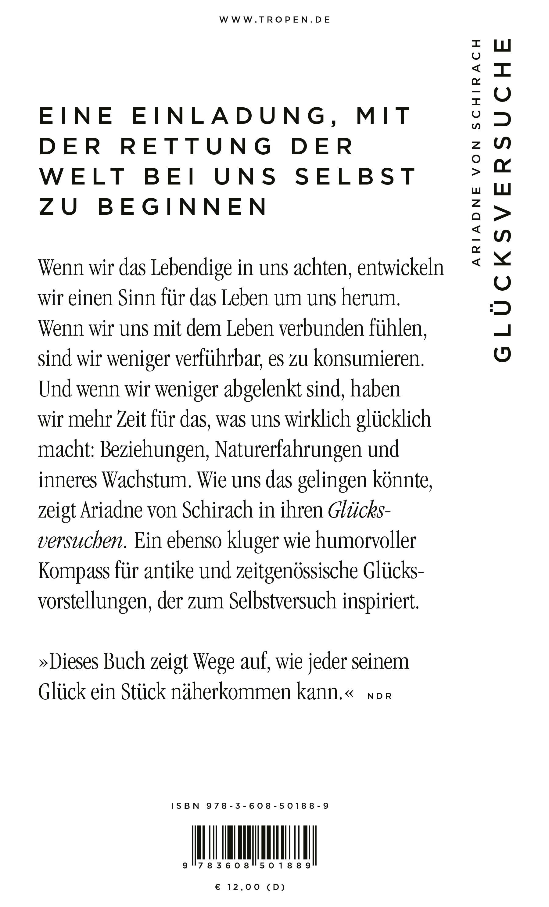 Buchrückseite mit Text und Titel "Glücksversuche" von Ariadne von Schirach. ISBN und Preis.