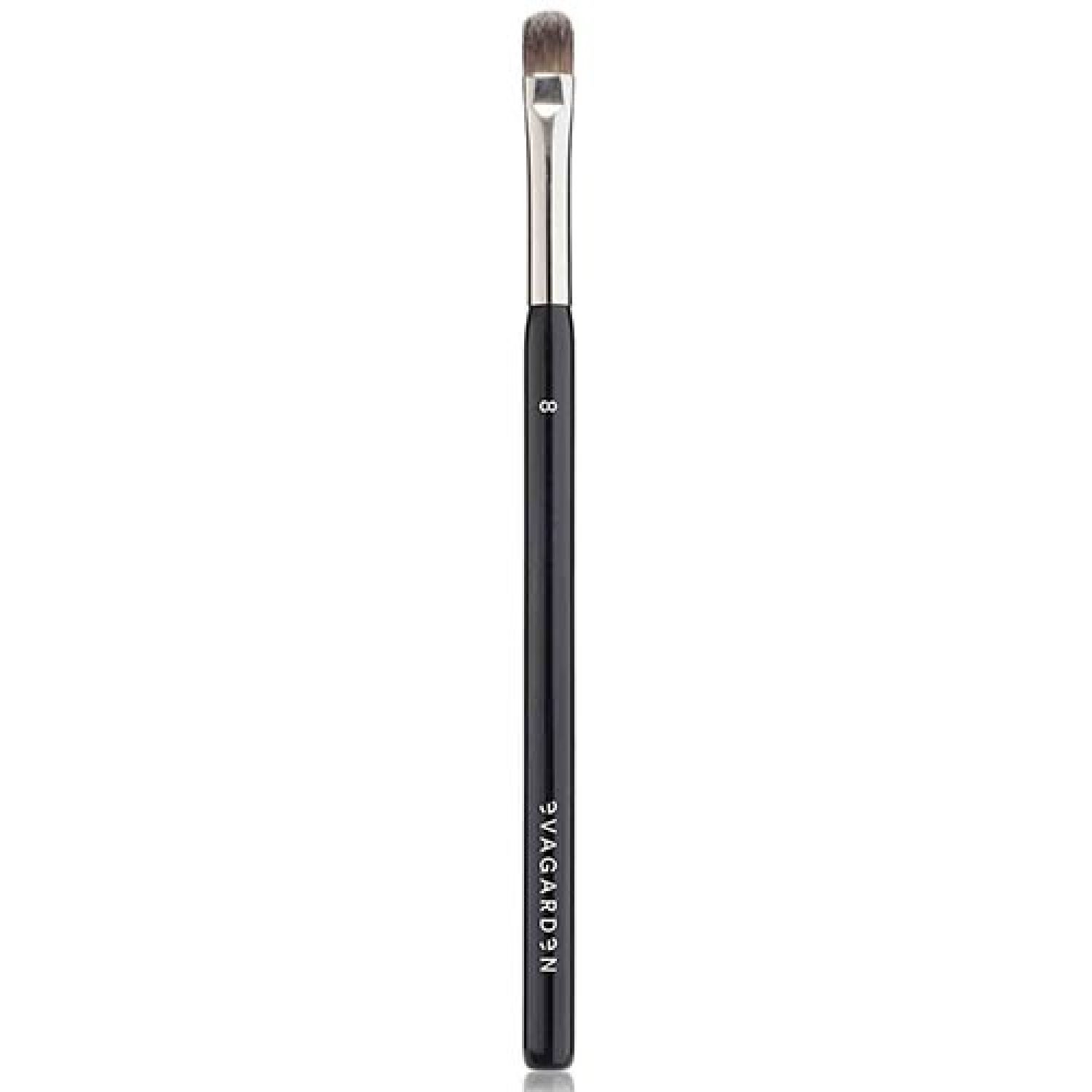Pinsel für Lidschatten und Concealer. Schwarzer Griff, silberne Fassung, graue Borsten. Auf dem Griff steht "8" und "EVAGARDEN".