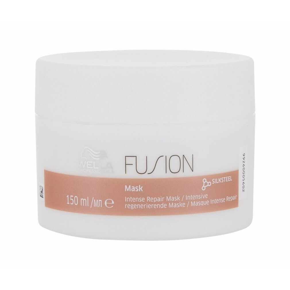 Weißer Tiegel mit braunem Streifen. Aufschrift: FUSION Mask, 150 ml. Enthält Silksteel.