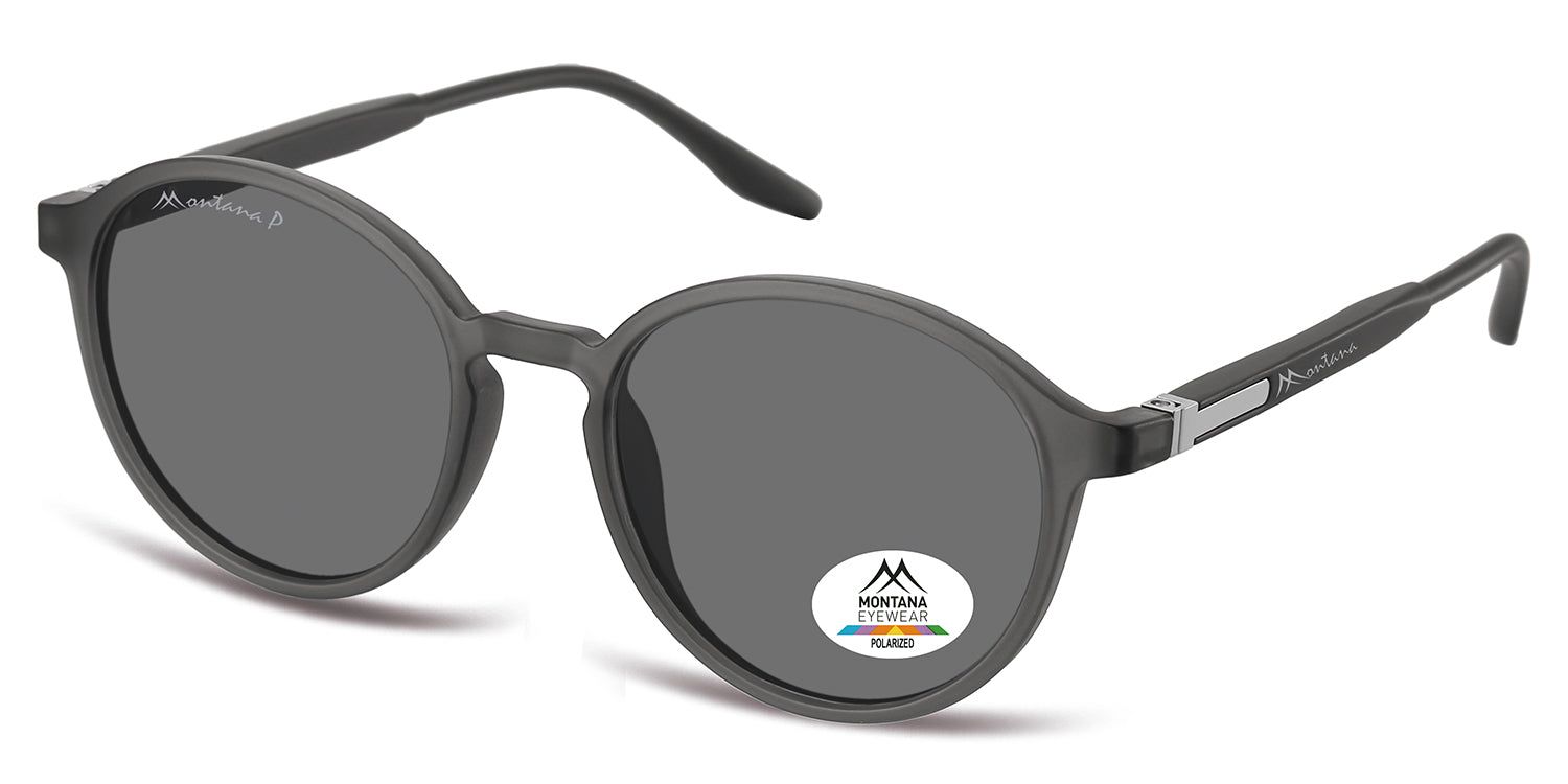 Graue, runde Sonnenbrille. Montana Eyewear Logo am Bügel. Polarisiert-Aufkleber auf dem Glas.