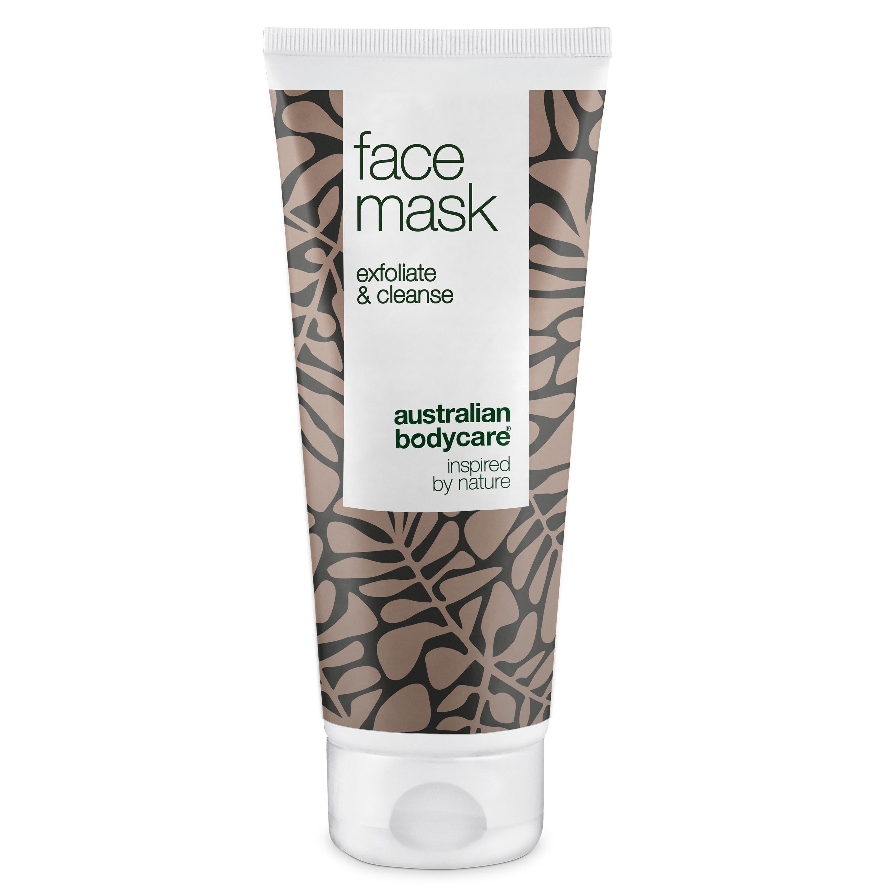 Gesichtsmaske-Tube mit floralem Muster. Text: Face Mask, exfoliate & cleanse, Australian Bodycare.