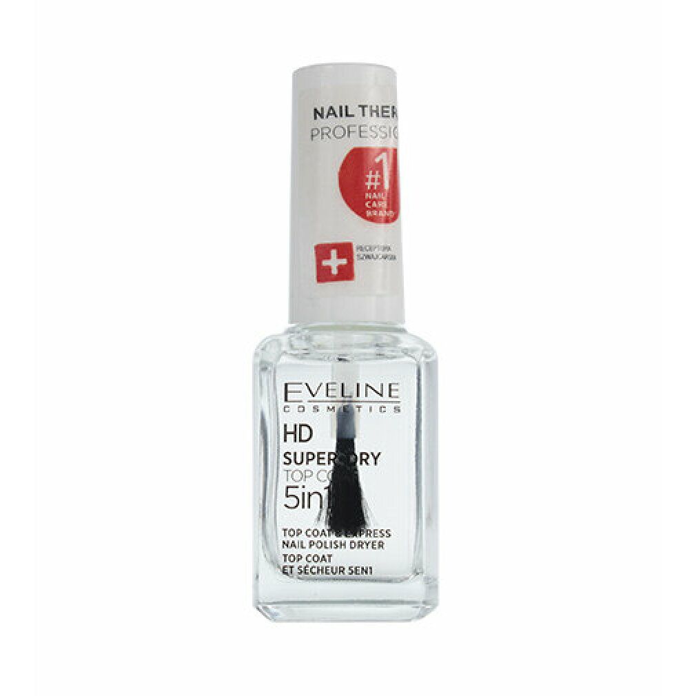 Klare Nagellackflasche mit weißem Deckel. Aufschrift: Eveline Cosmetics, HD Super Dry Top Coat 5in1. Bürste sichtbar.