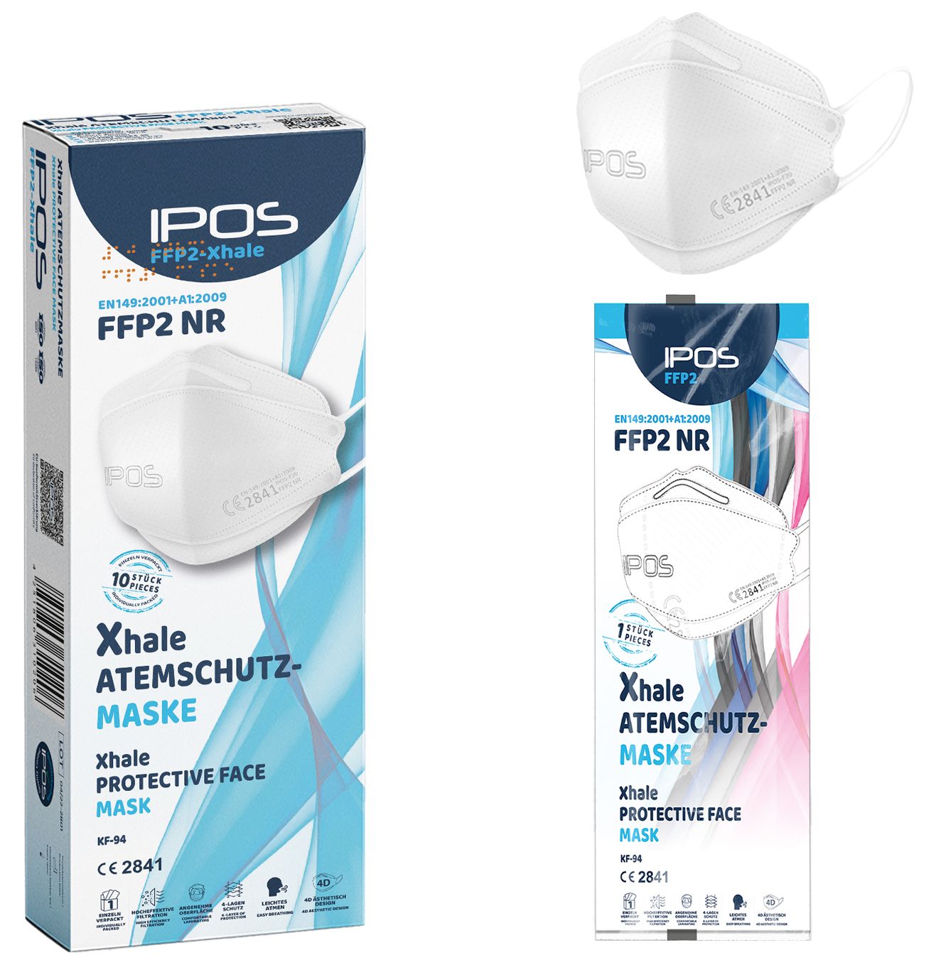 Verpackung und einzelne Atemschutzmaske. Aufschrift: IPOS FFP2-Xhale, FFP2 NR. Einzelverpackung abgebildet. Zertifizierung EN149:2001+A1:2009. Maske weiß.