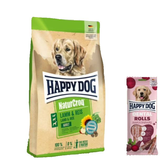 Happy Dog Premium NaturCroq Lamm + Reis Dental Snacks Rolls für Hunde 15,1 kg