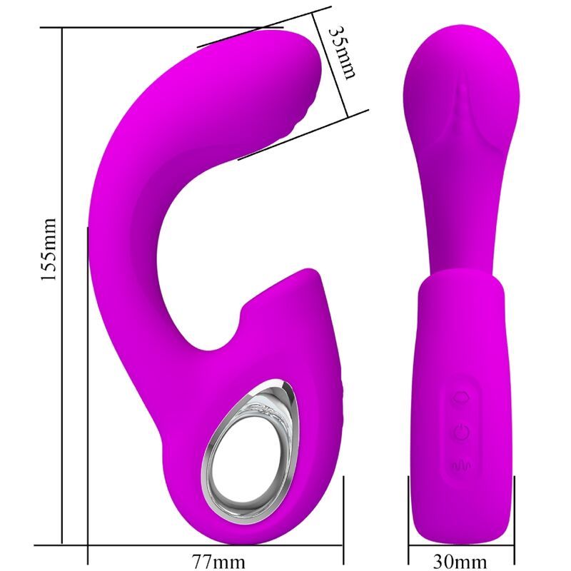 Lila Vibrator und G-Punkt-Stimulator. Abmessungen: 155mm x 77mm x 35mm. Vibrator: 30mm.