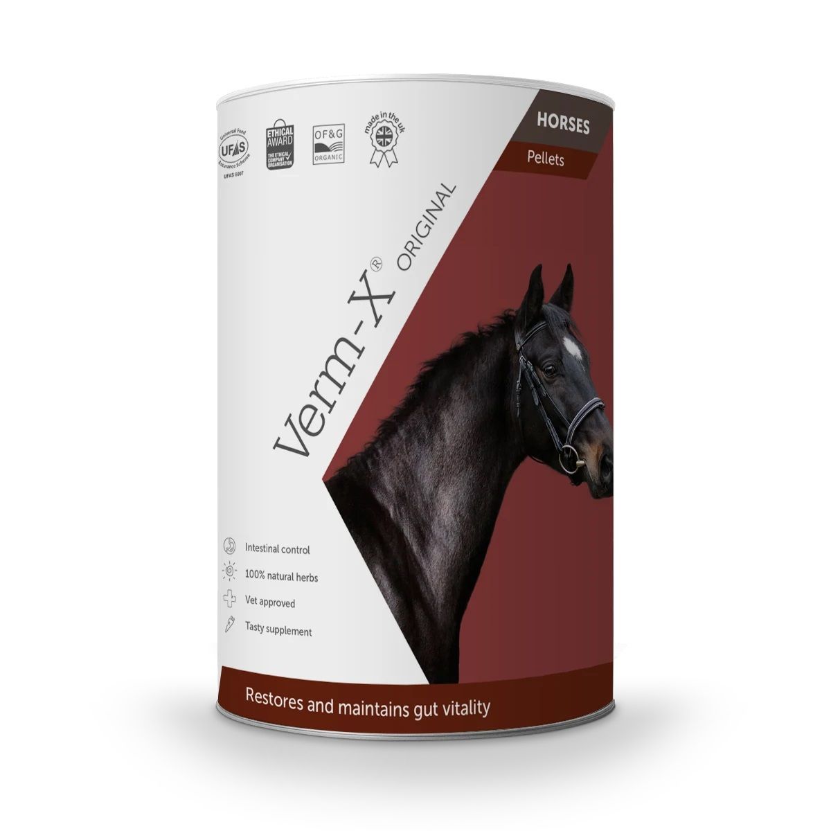Zylindrische Dose mit "Verm-X Original"-Logo und Pferdeabbildung. Text: "Horses Pellets".