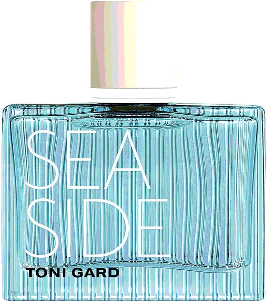 Hellblaues Parfümflakon mit weißem Deckel. Aufschrift SEA SIDE und TONI GARD.