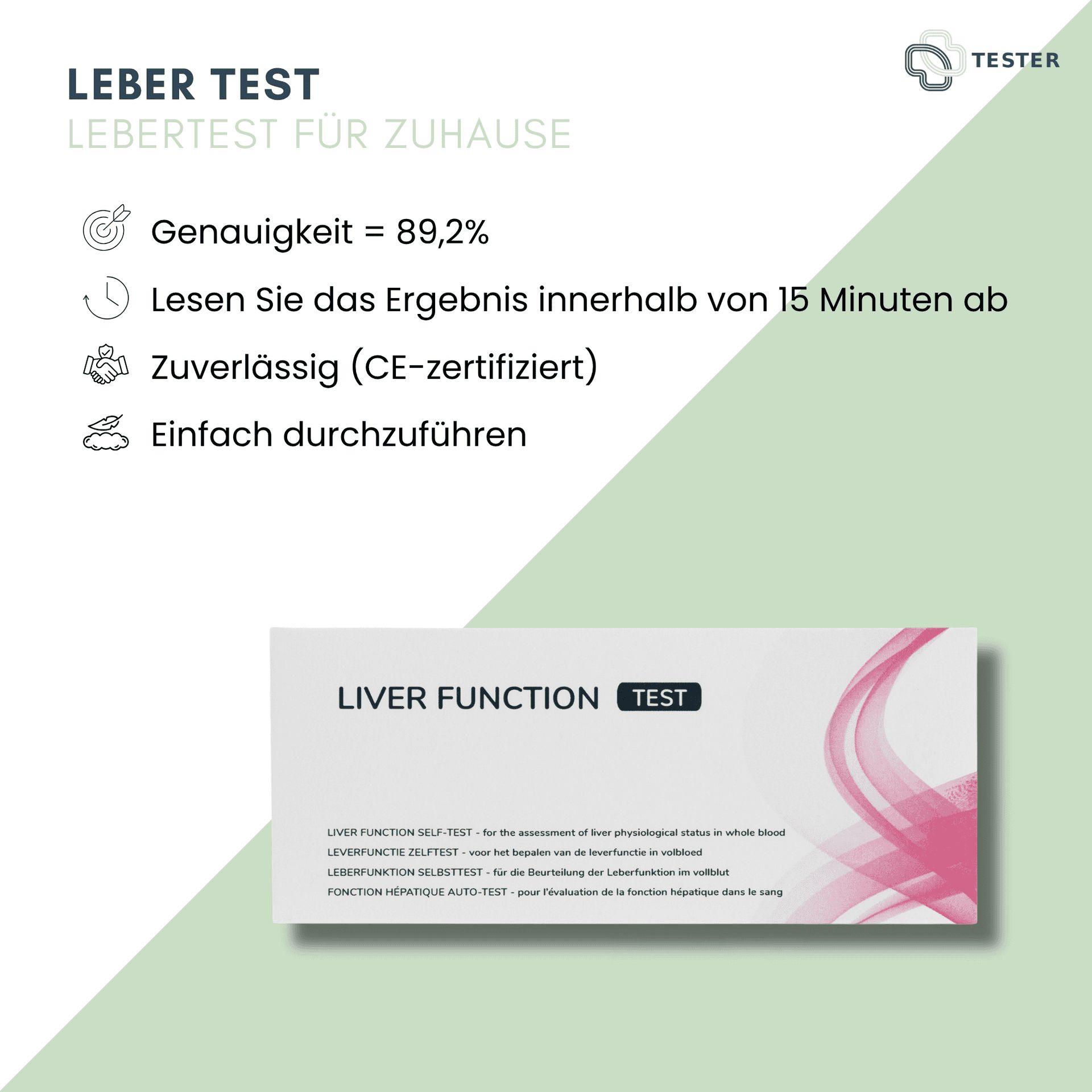 Lebertest-Verpackung mit Informationen zu Genauigkeit, Lesezeit, Zuverlässigkeit (CE-zertifiziert) und einfacher Durchführung.