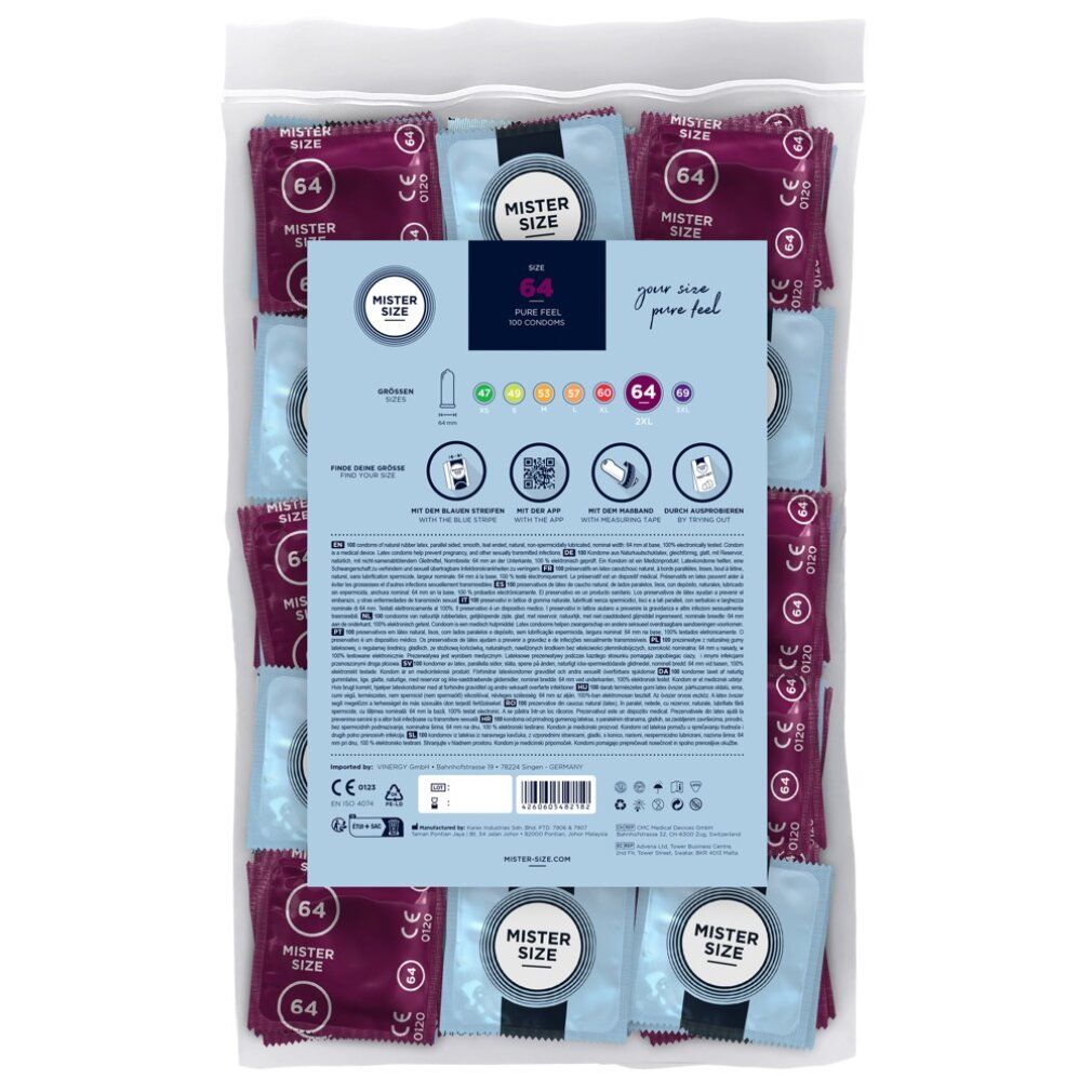 Verpackung mit Kondomen. Einzelne Kondome in hellblauen und weinroten Folien. Aufdruck: Mister Size, 64. Rückseite mit Informationen.