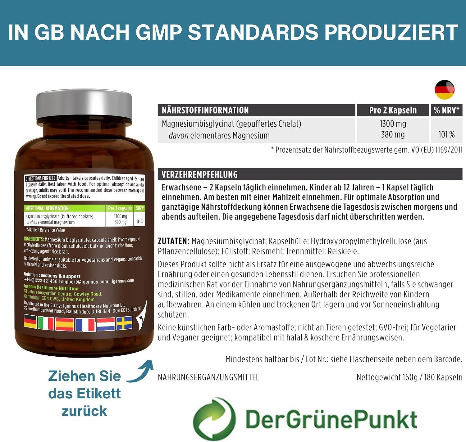 Flasche mit Magnesium Bisglycinat, hergestellt nach GMP-Standards. "Der Grüne Punkt" Logo.