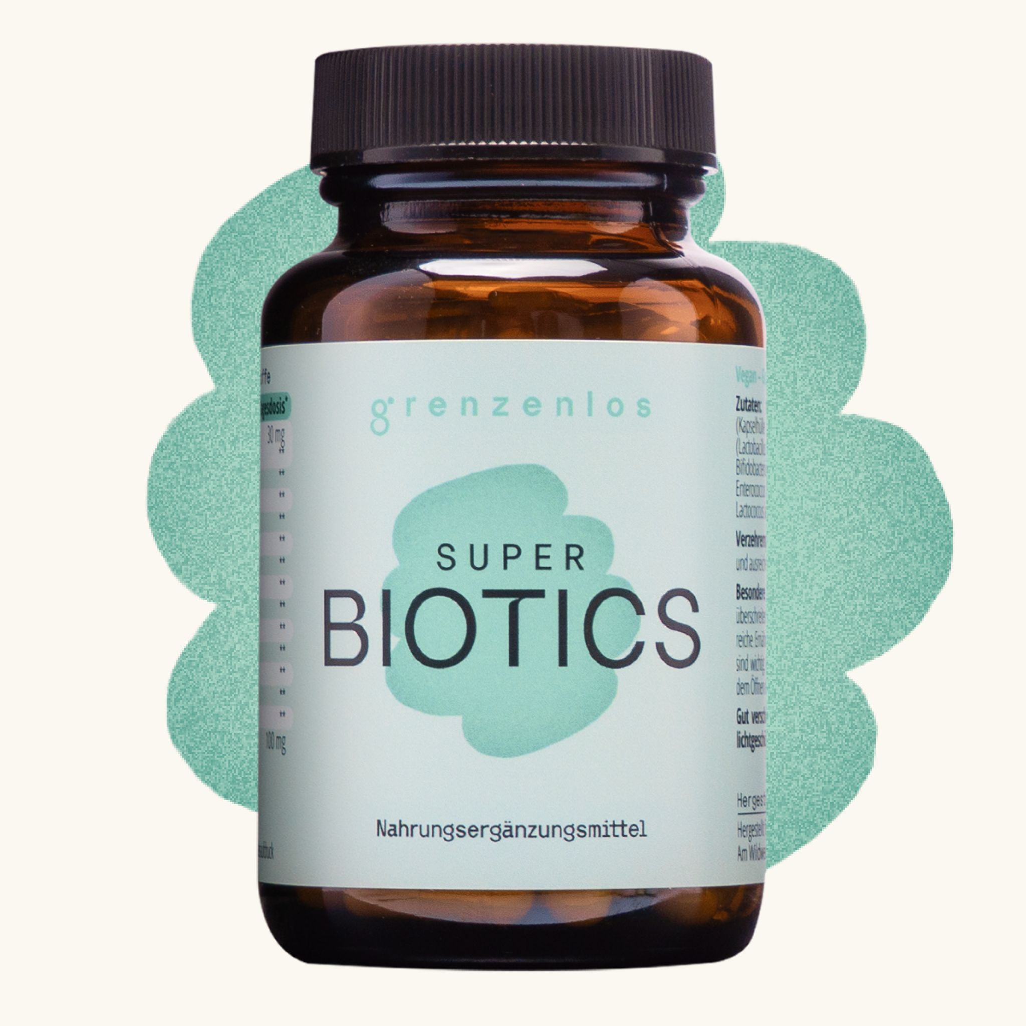 Flasche grenzenlos SUPER BIOTICS auf pastellgrünem, blütenartigem Hintergrund. Fokus auf das Produktetikett mit Produktnamen und 'Nahrungsergänzungsmittel'.