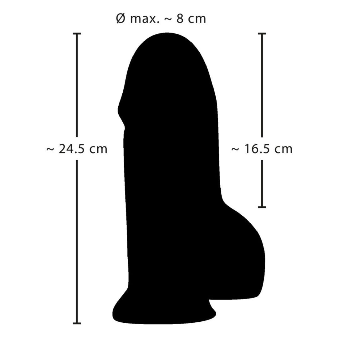 Schwarze Silhouette eines Dildos mit Maßangaben: Höhe ca. 24,5 cm, Durchmesser ca. 8 cm.
