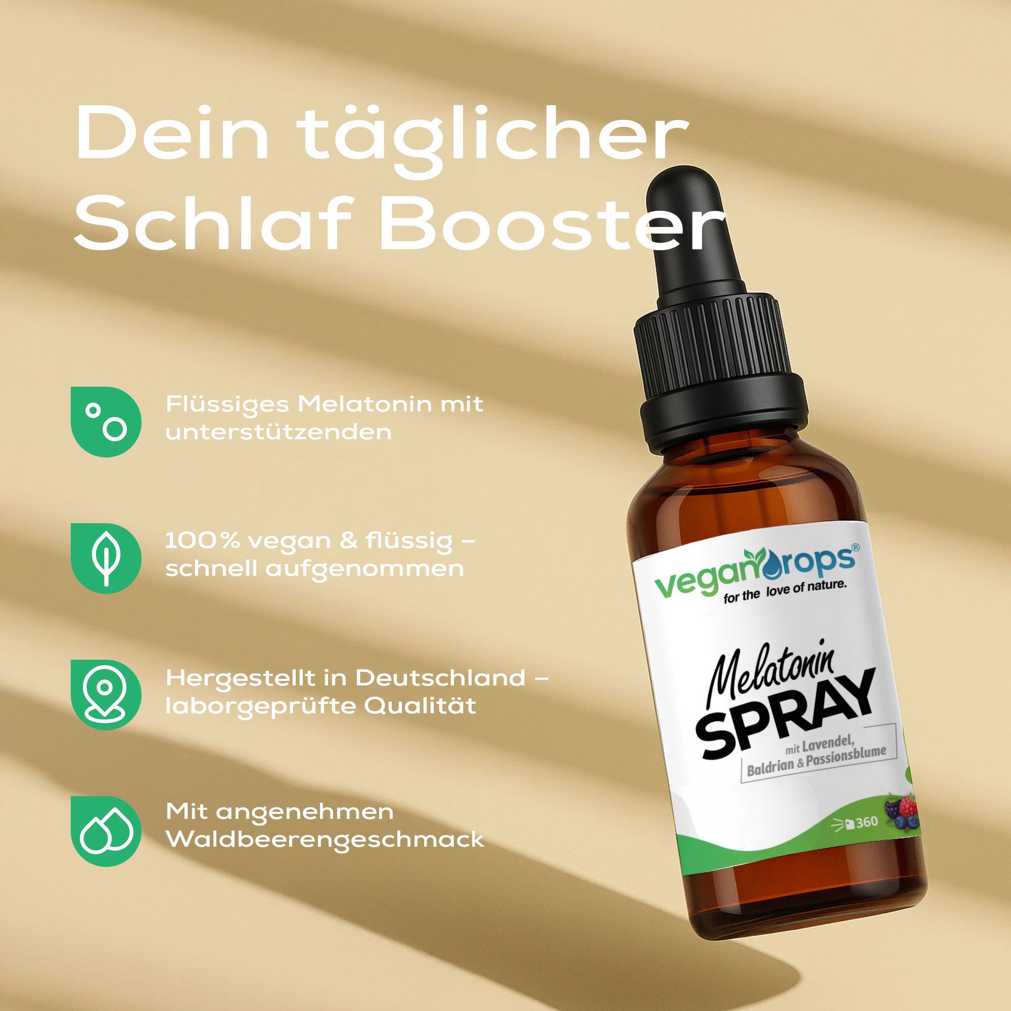 Braune Glasflasche mit Pipette von Vegan Drops® Melatonin Spray. Text: Flüssiges Melatonin, 100% vegan, hergestellt in Deutschland.