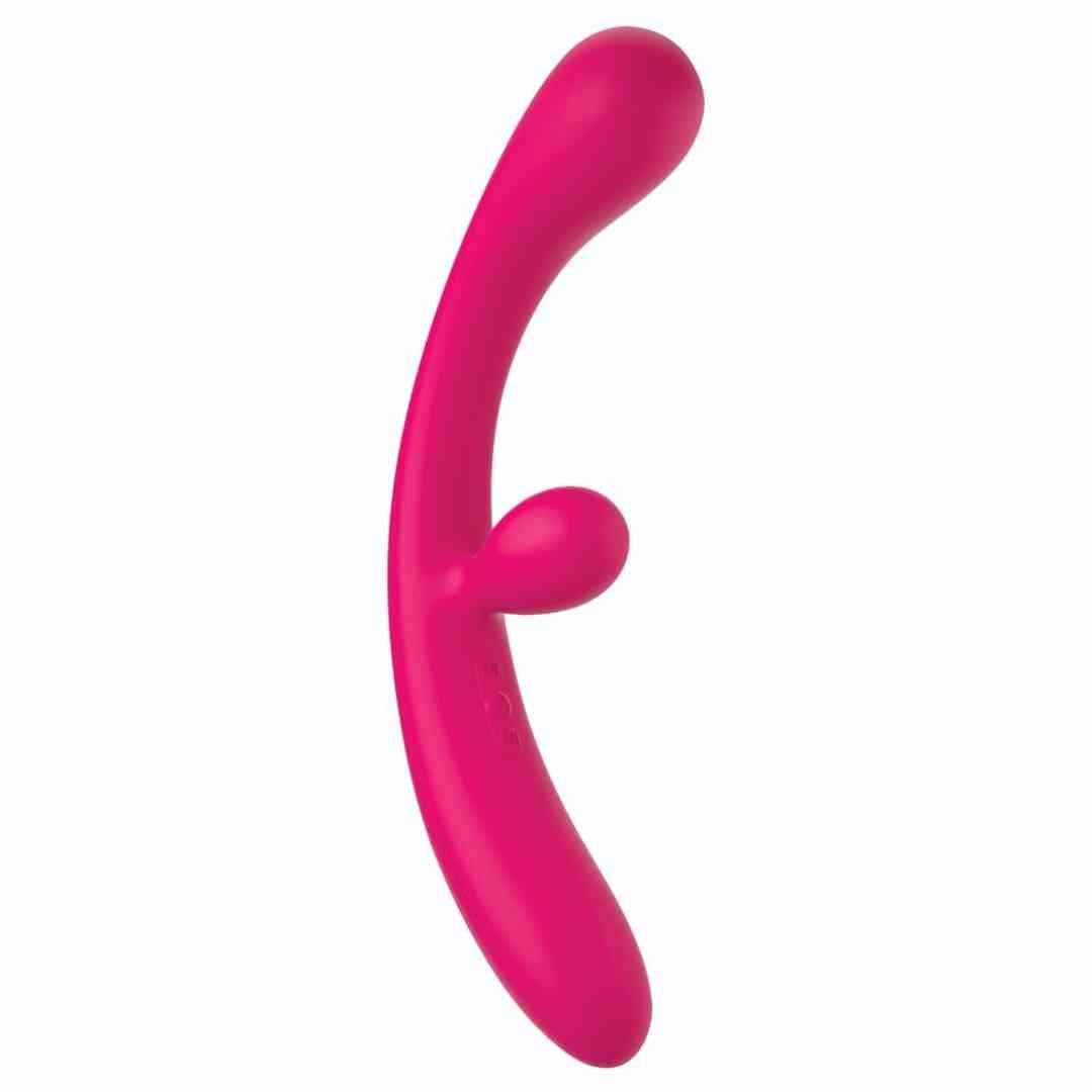 Pinkfarbener Vibrator mit gebogener Form und zwei Erhebungen. Glatte Oberfläche, abgerundete Enden.