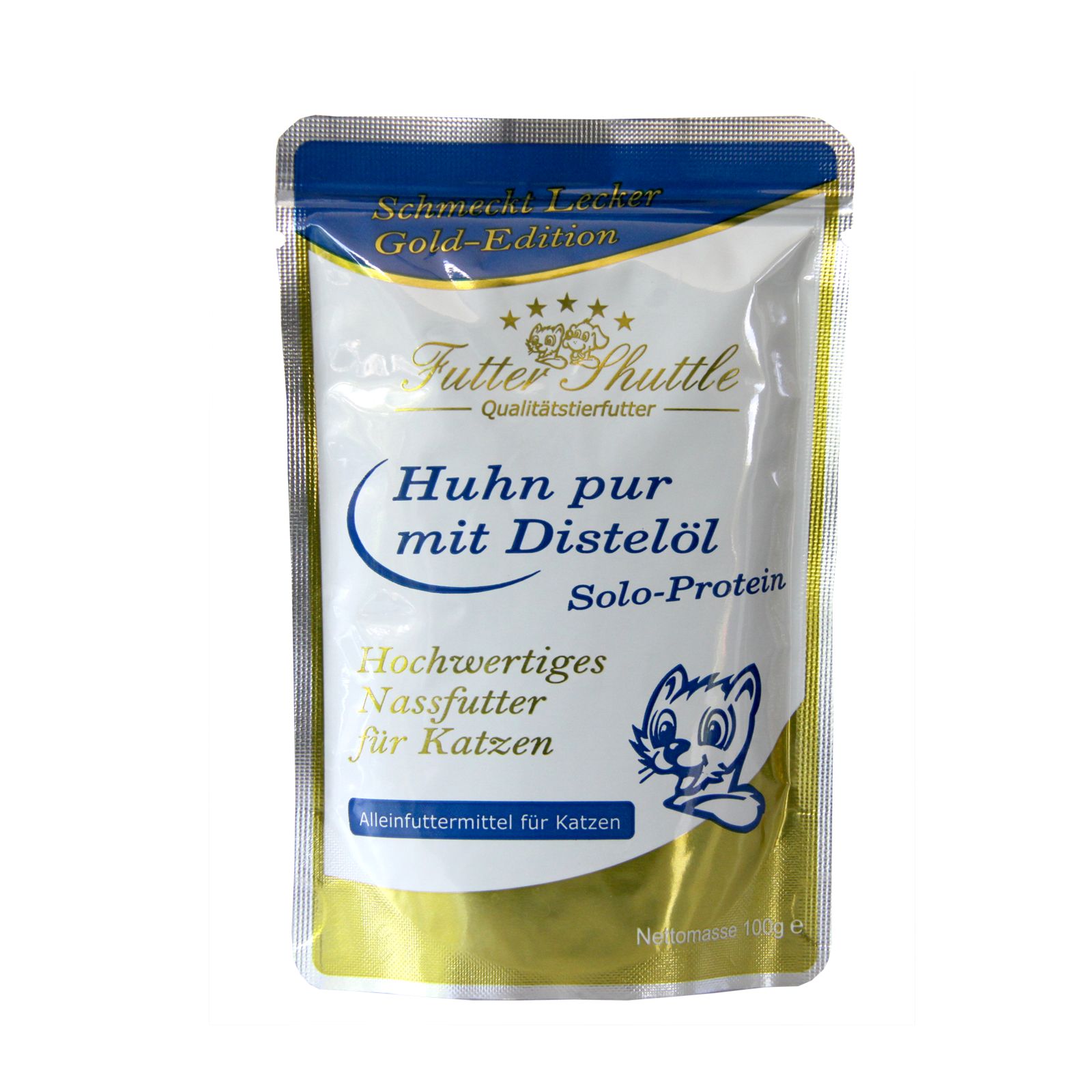Beutel Katzen Nassfutter, Gold Edition. Text: Huhn pur mit Distelöl, Solo-Protein. Marke: Futter Shuttle. Für Katzen.
