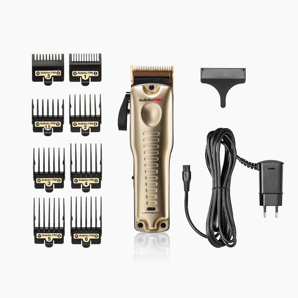 Haarschneidemaschine mit Zubehör: Aufsätze, Reinigungsbürste, Netzteil. Marke: BaBylissPRO. Modell: LO-PROFX.