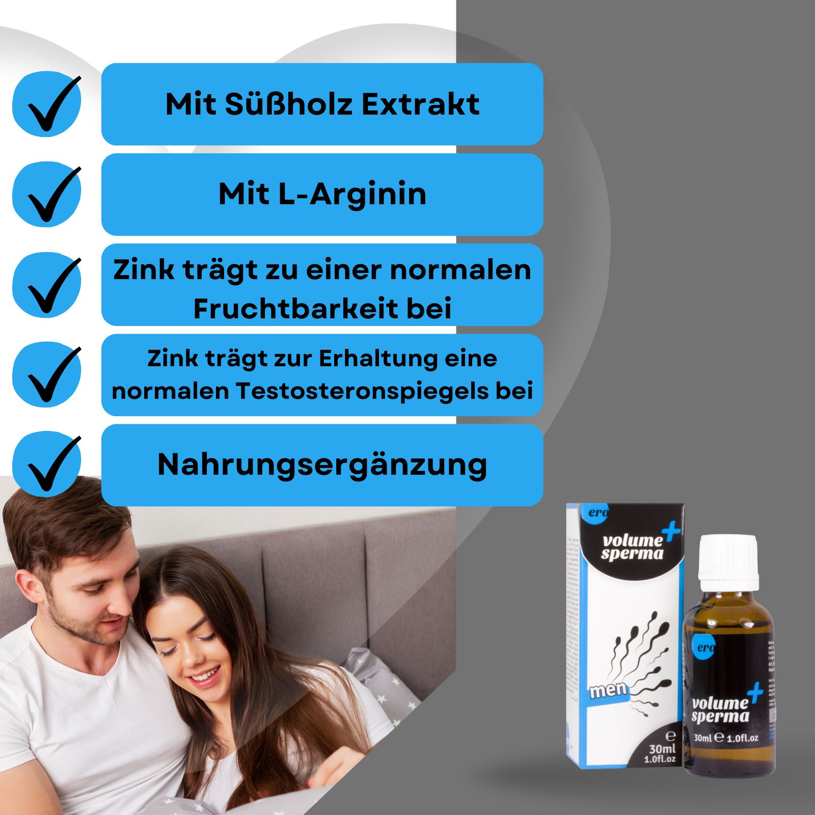 Produktflasche und Verpackung neben Paar im Bett. Verpackung mit "volume sperma" und Logo "ero".