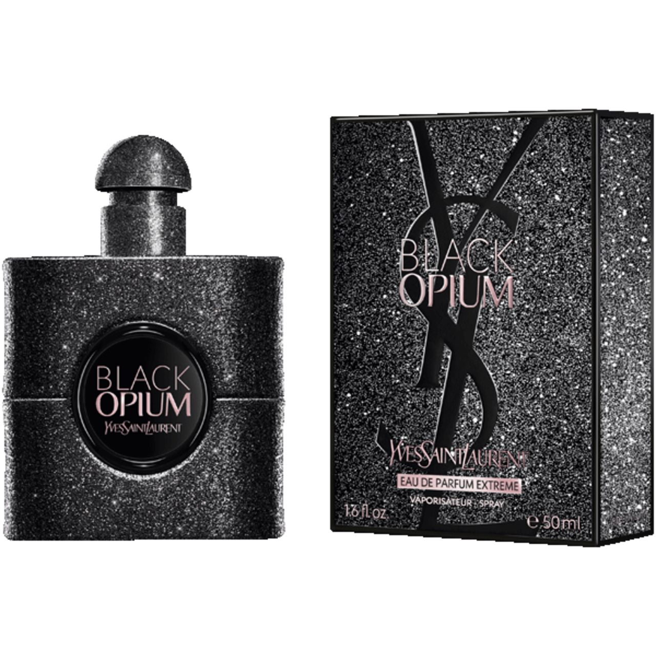 Schwarzer Flakon und Verpackung mit Glitzer-Effekt. Aufschrift: Black Opium, Yves Saint Laurent. E.d.P. Nat. Spray.
