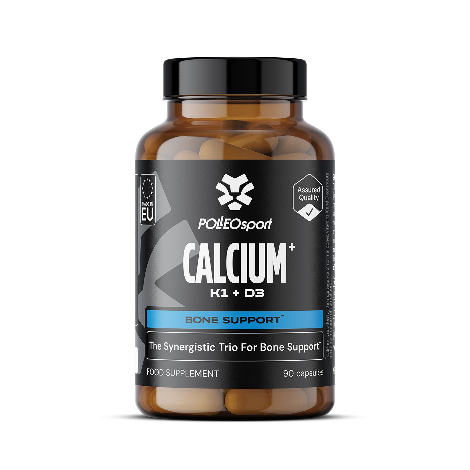Braune Flasche mit Kapseln. Aufschrift: PolleoSport Calcium+K1+D3. "Bone Support". EU-Zertifizierung. "90 capsules".
