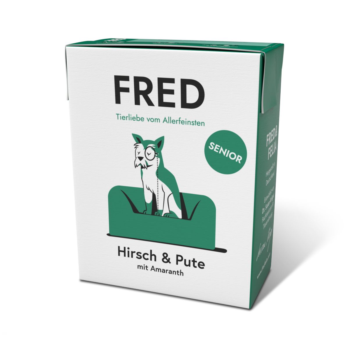 Karton FRED SENIOR Hirsch & Pute mit Amaranth. Grün-weiße Verpackung mit Hund-Illustration.