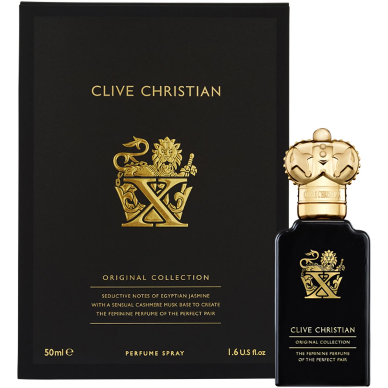 Schwarze Flasche mit goldener Krone und Logo. Schwarze Verpackung mit Logo und Text. "Clive Christian, X Feminine Perfume Spray".