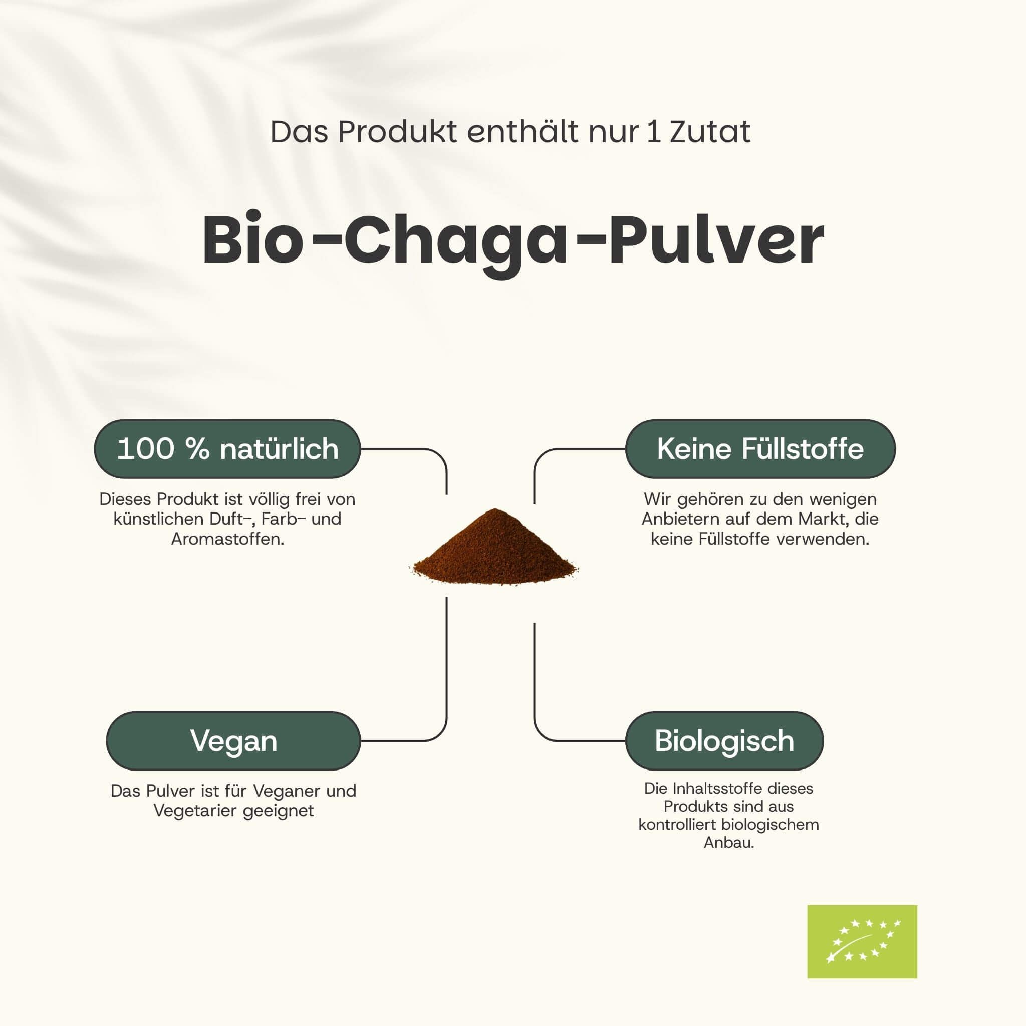 Beutel mit Chaga Organic Powder. Aufschrift: Cupplement, Chaga Organic Powder, 60g. Mit EU-Bio-Logo.