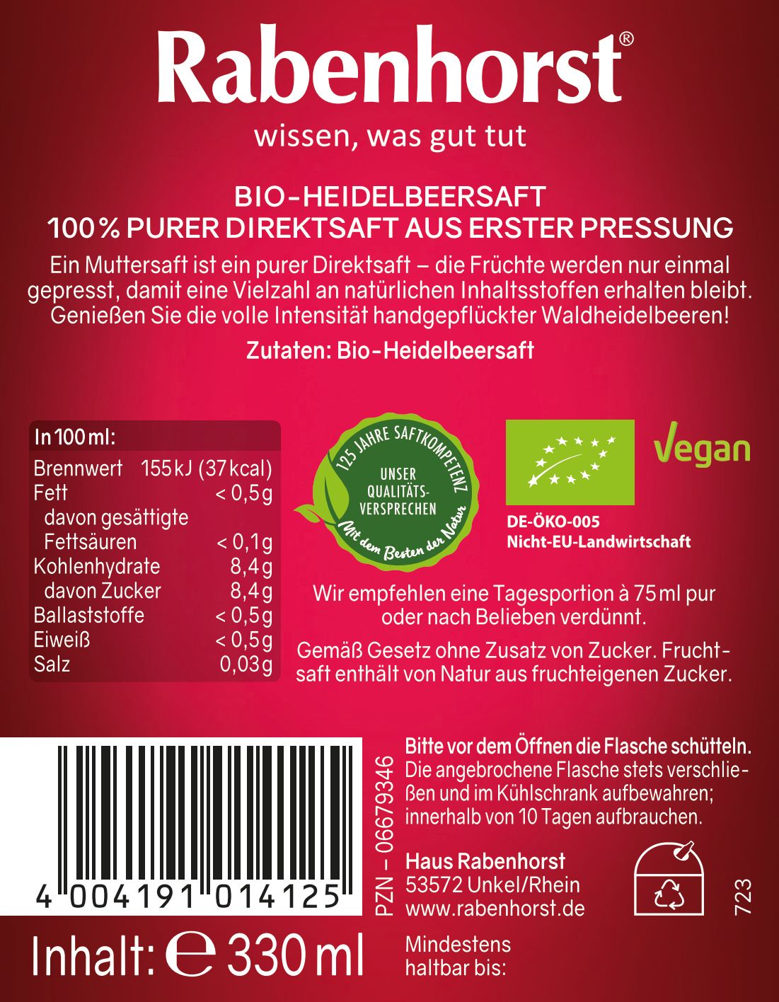 Rabenhorst Waldheidelbeere Muttersaft BIO 6x330 ml Saft