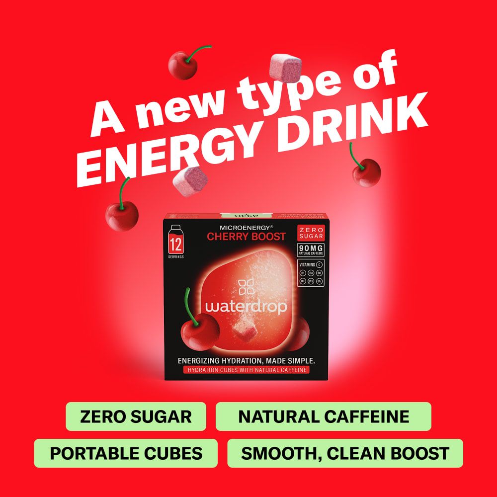 Verpackung von waterdrop® Microenergy Cherry Boost mit Kirschen, Eis und Spritzern.