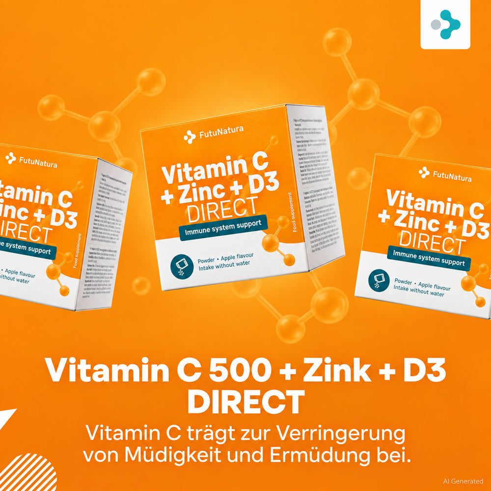 FutuNatura Vitamin C + Zink + D3 DIRECT: Kartons und Beutel mit Pulver für das Immunsystem.