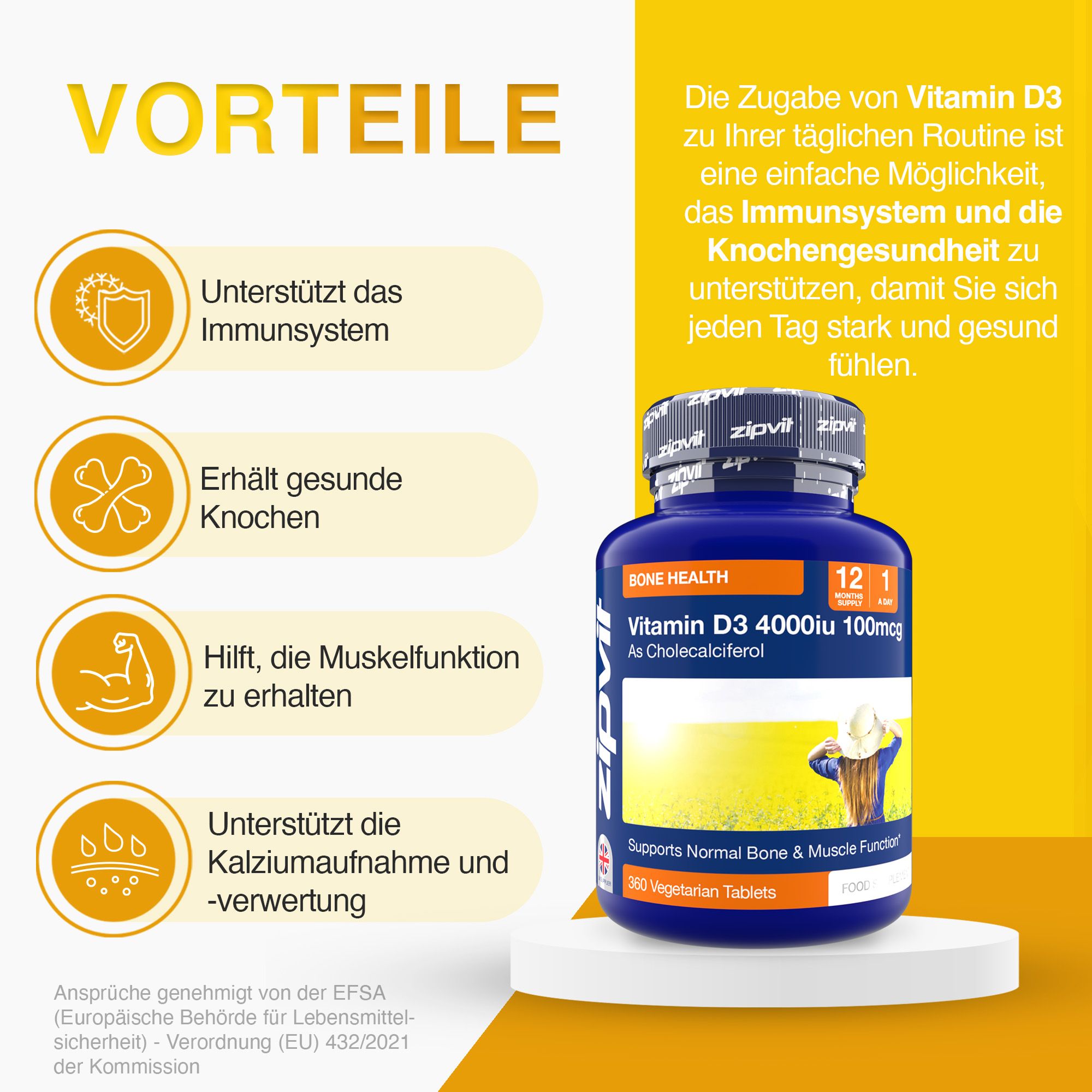Blaue Flasche mit Zipvit Vitamin D3. Text: Unterstützt das Immunsystem, gesunde Knochen, Muskelfunktion, Kalziumaufnahme. 360 Tabletten.
