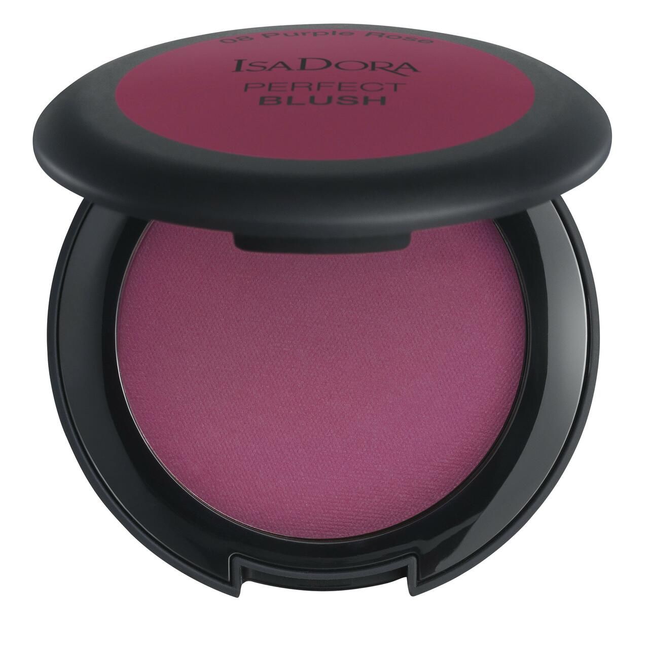 IsaDora Perfect Blush. Runde, offene Dose mit burgunderfarbenem Rouge. Schwarzer Deckel, Produktname und Farbtonbezeichnung.