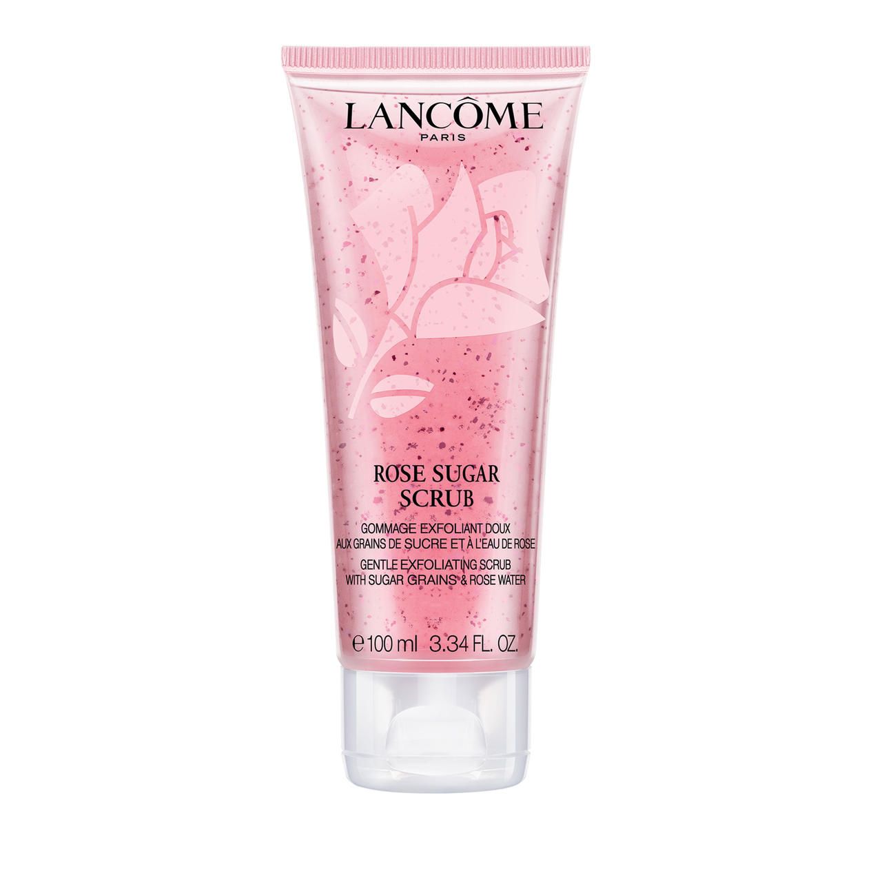 Transparente Tube mit rosa Inhalt. Text: Rose Sugar Scrub, Lancôme-Logo, 100 ml.