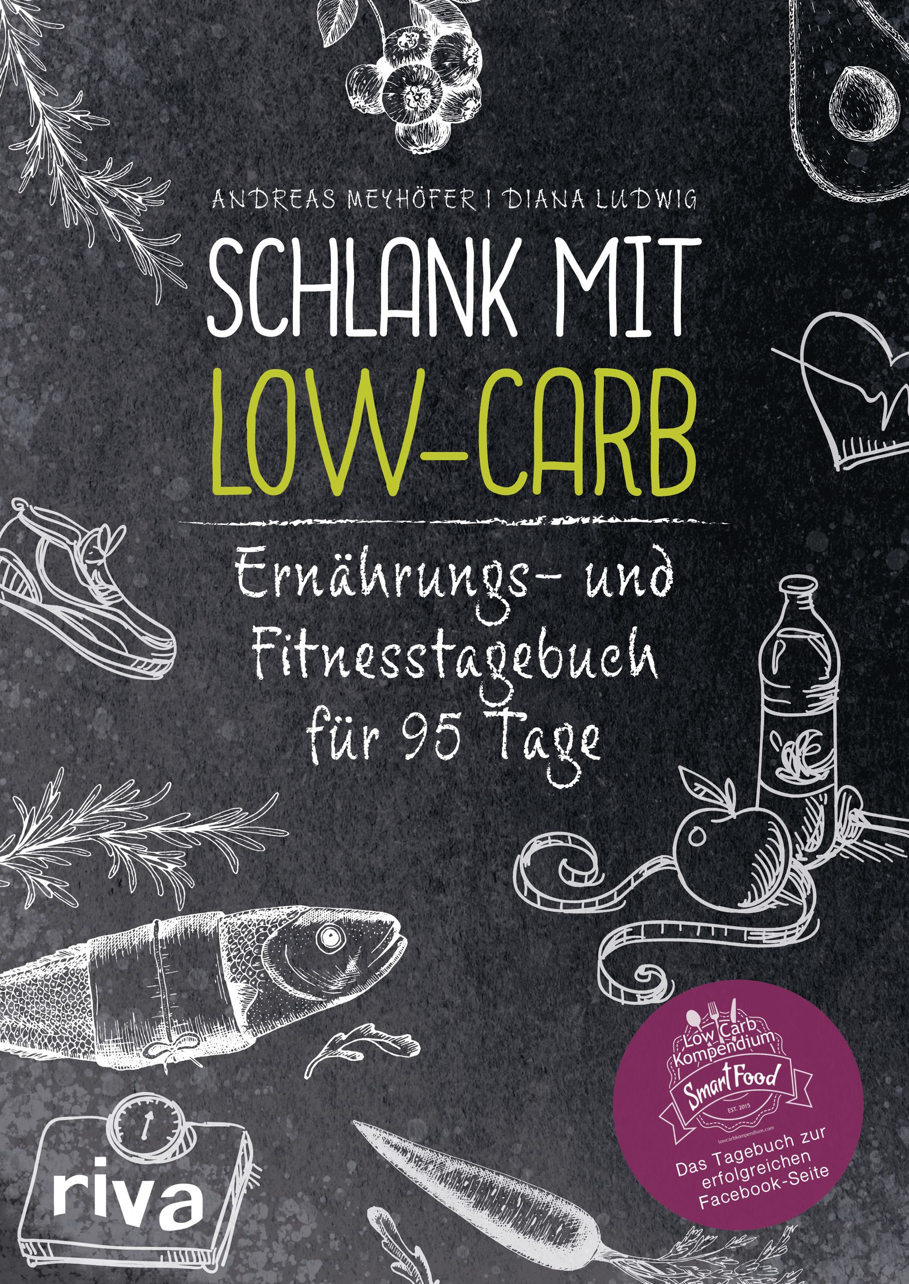Buchcover mit Titel „Schlank mit Low-Carb“. Zeichnungen von Essen und Sportgeräten. Autor: Andreas Meyhöfer, Diana Ludwig.