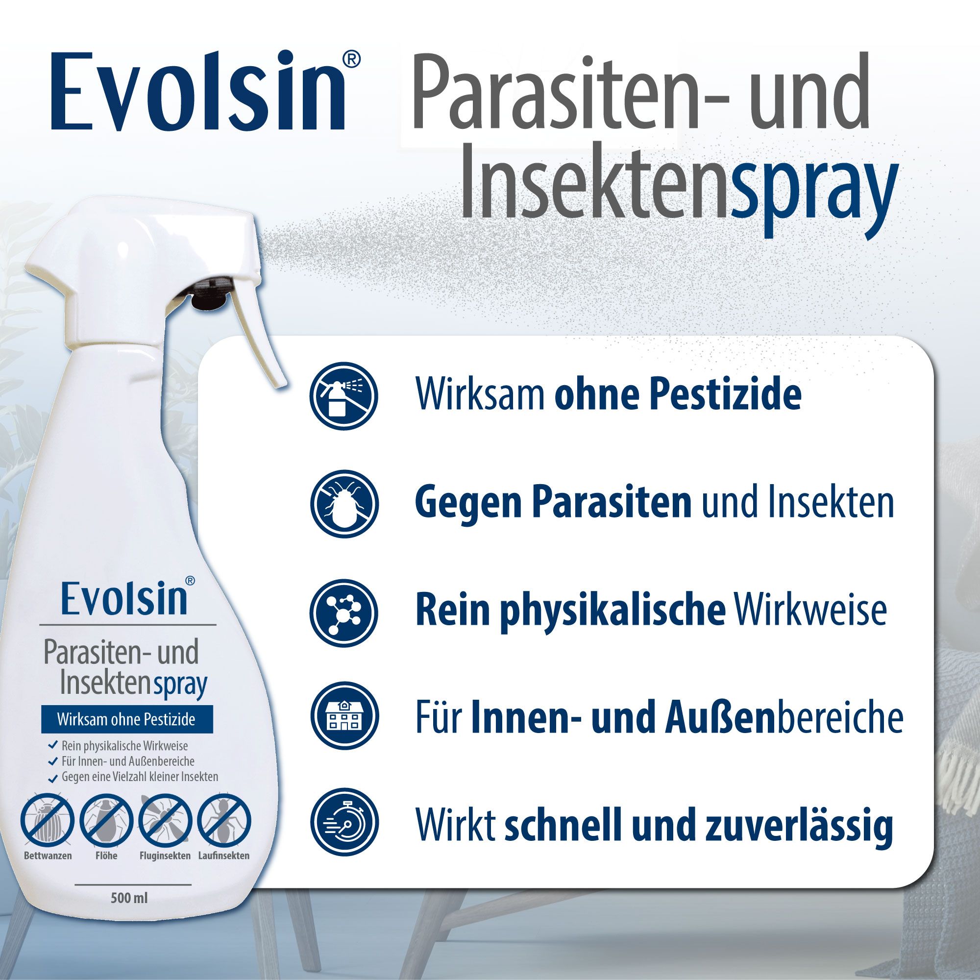 Evolsin® Parasiten- und Insektenspray und Infografik. Text: Wirksam ohne Pestizide, gegen Parasiten und Insekten, rein physikalische Wirkweise.