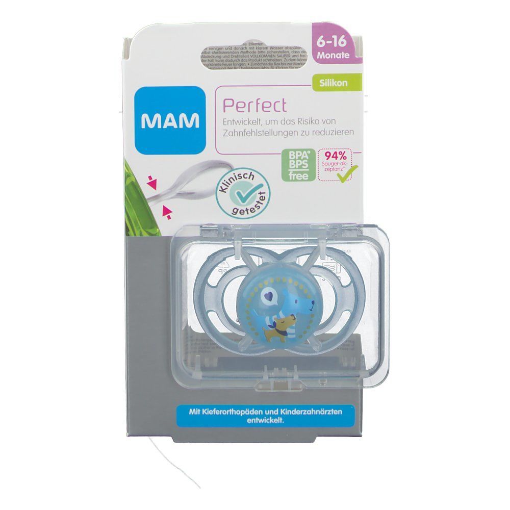 Schnuller in Verpackung. Blauer Silikon-Schnuller mit Tier-Motiv. Verpackung mit MAM-Logo, Altersempfehlung 6-16 Monate, und Qualitätsmerkmalen.