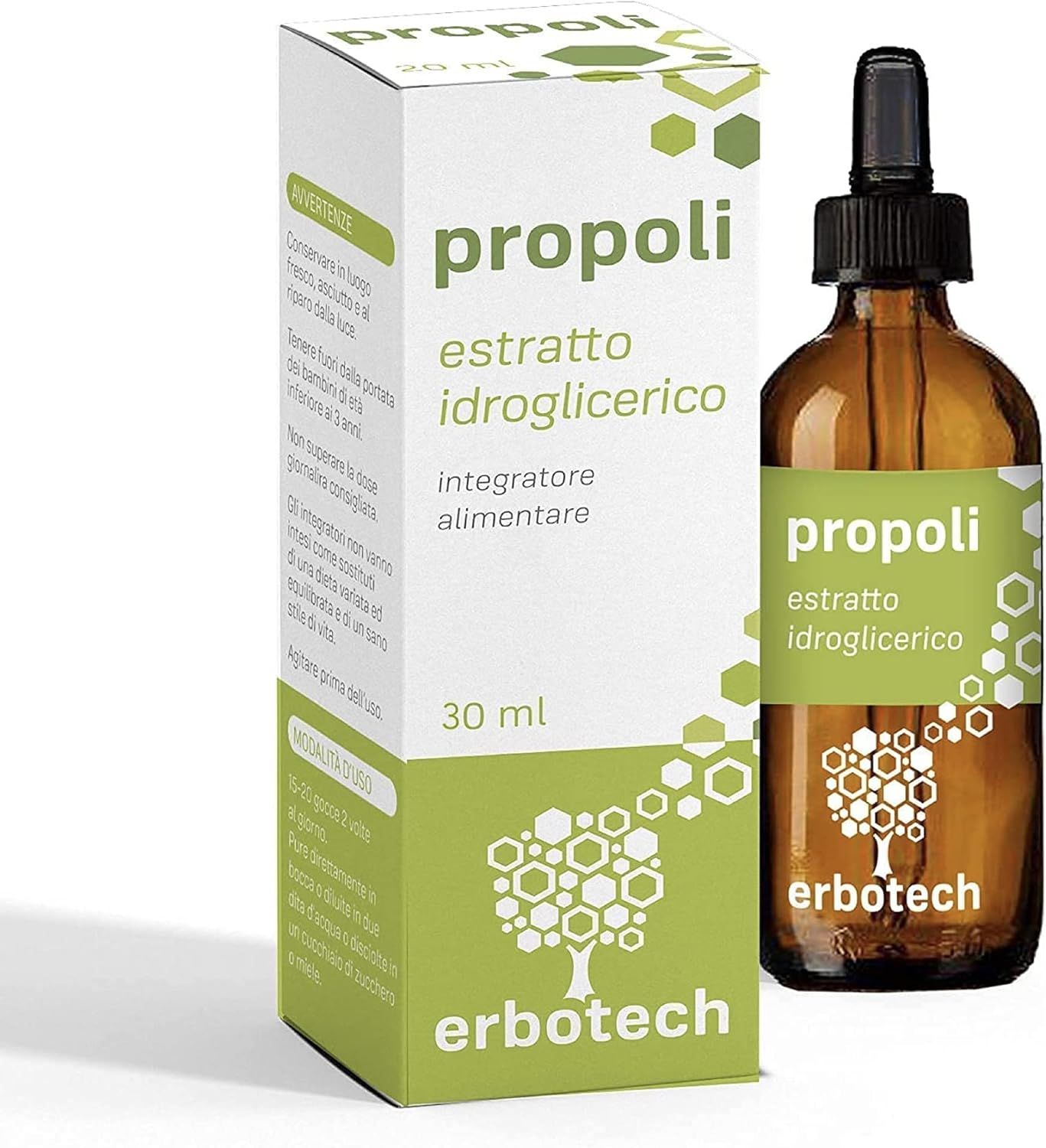 Flacone in vetro ambrato e scatola con "propoli estratto idroglicerico". Marchio: erbotech. 30 ml.