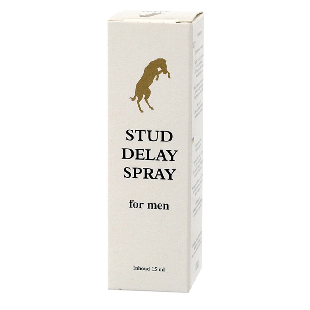Karton für Stud Delay Spray for men, 15 ml, mit stilisiertem Pferd.