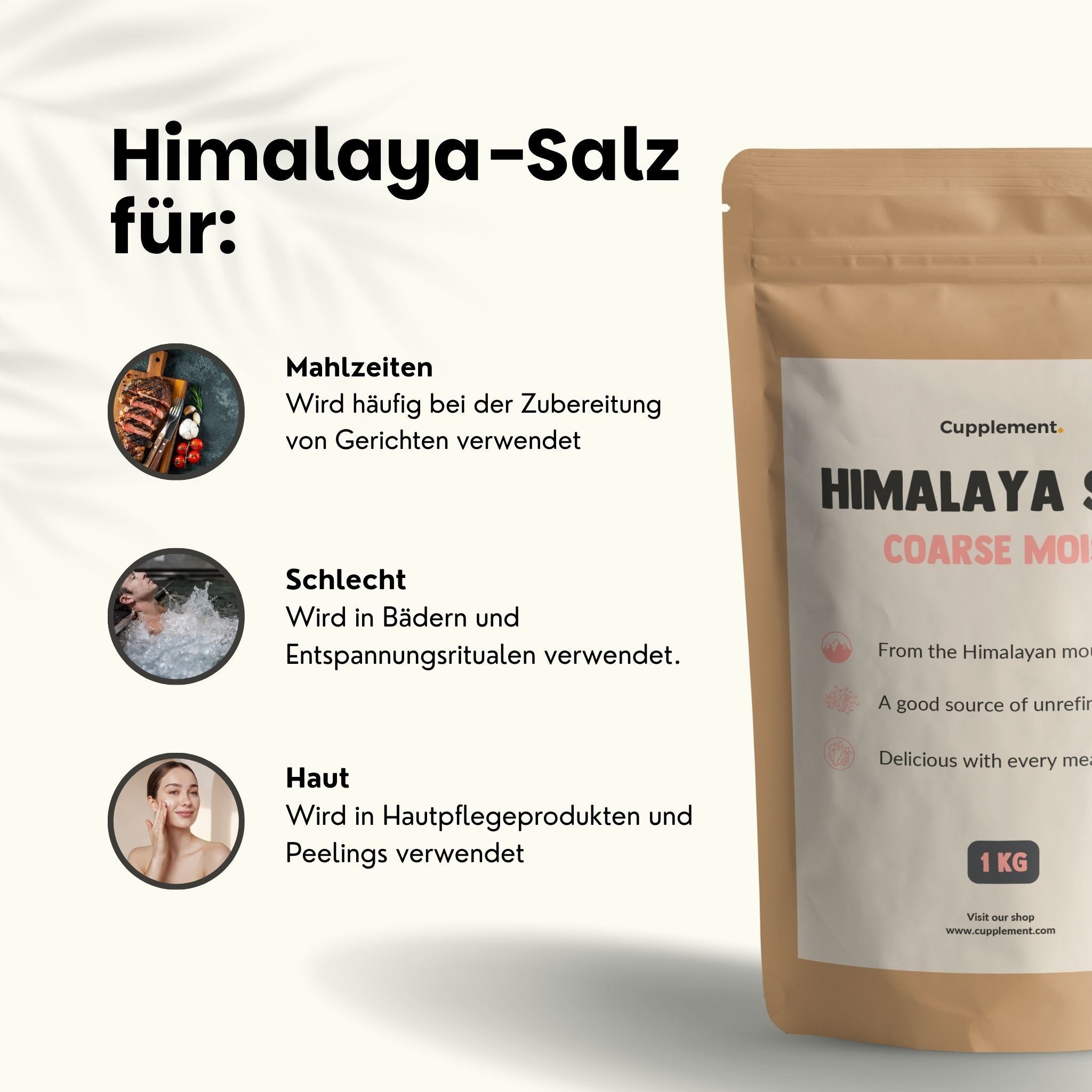 Braune Papiertüte mit grobem Himalaya-Salz, 1 kg. Links: Anwendungen für Mahlzeiten, Bäder und Haut.
