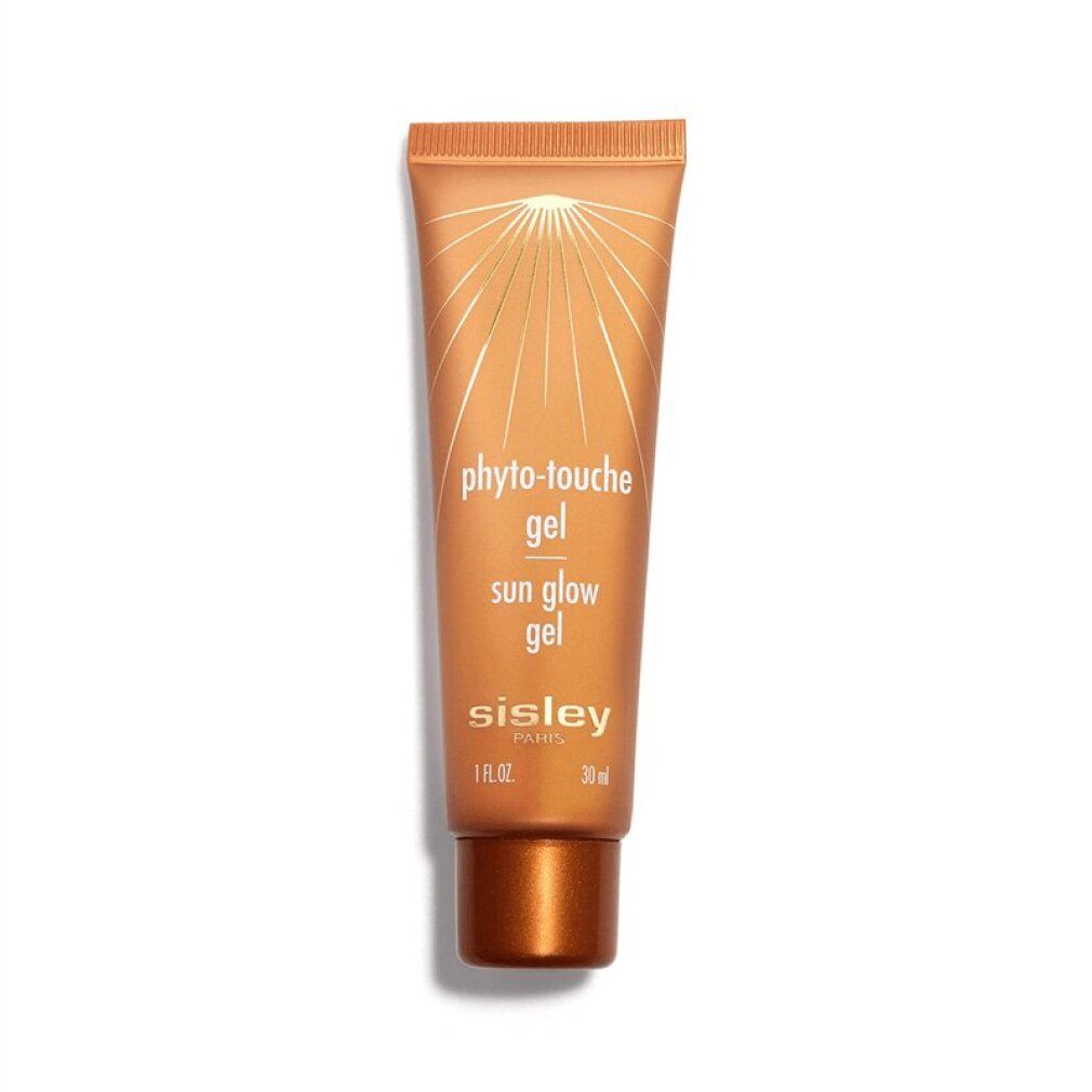 Sisley Phyto-Touche Gel Tube. Braune Tube mit goldenem Strahlenmuster. Produktname und Marke deutlich sichtbar.