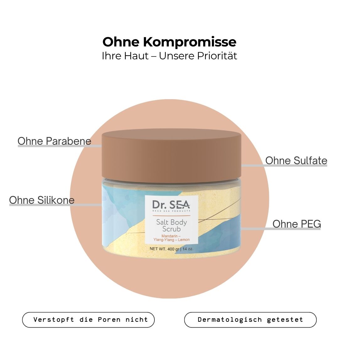 Produkt mit Text. Dr. SEA, Salt Body Scrub, Mandarine, Ylang-Ylang, Zitrone. Ohne Parabene, Silikone, Sulfate, PEG. Dermatologisch getestet.