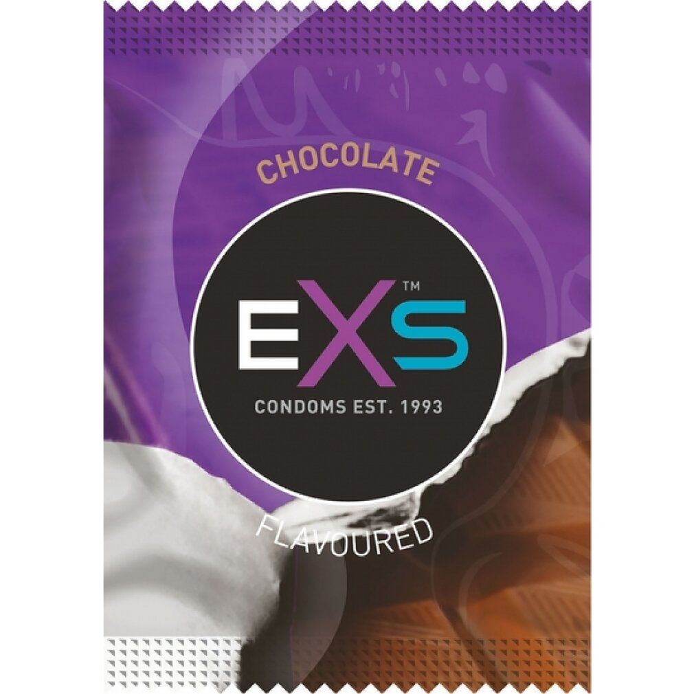Einzelverpackung mit Schokoladen-Aroma. EXS-Logo. Lila Hintergrund mit Schokoladen-Illustration.
