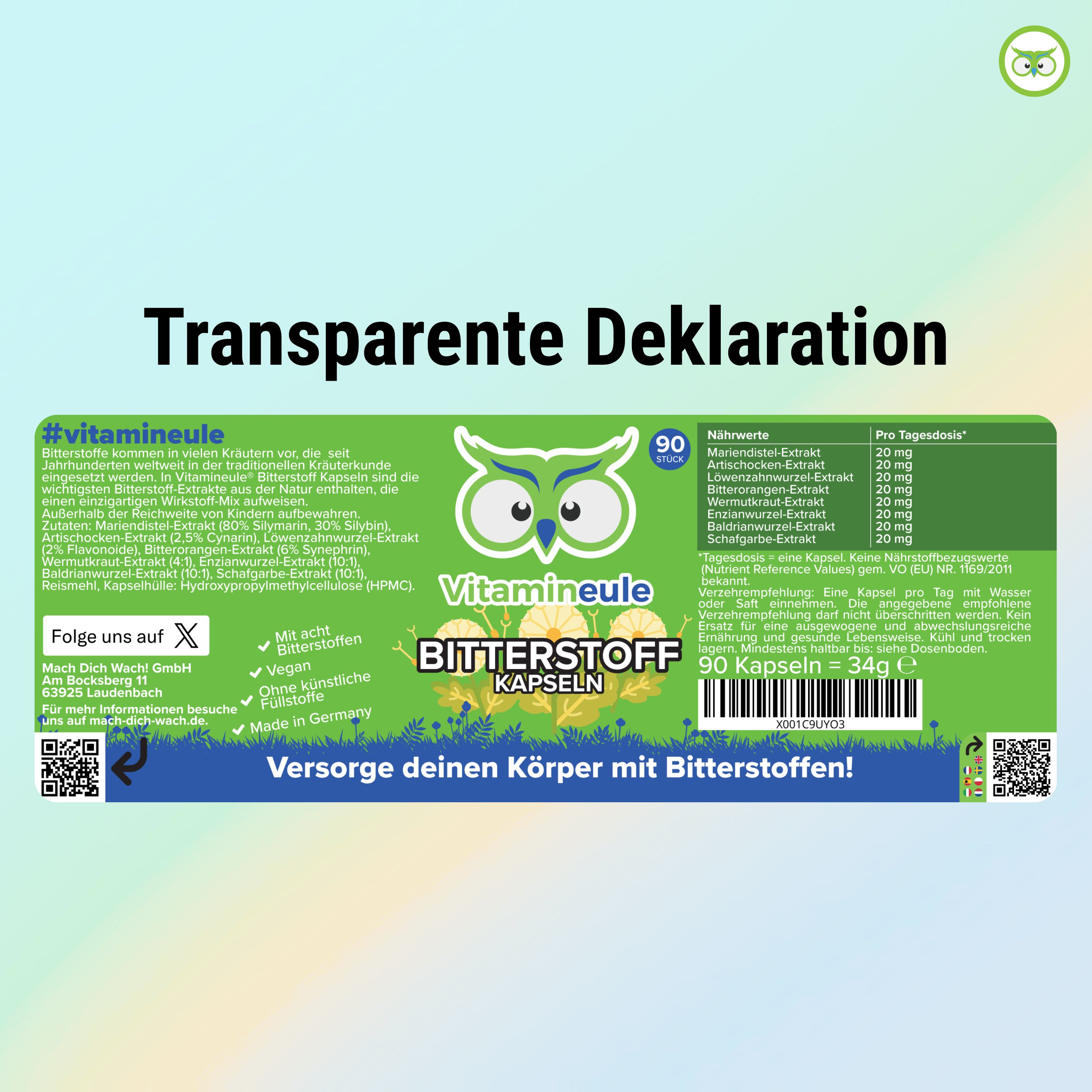 Rückseite der Kapsel-Dose. Transparente Deklaration. Inhaltsstoffe, Nährwerte, Herstellerinformationen, QR-Code.
